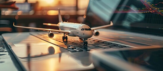 White model of airplane and persons on laptop keyboard Introduction to global aviation related things can be done online at hand ticket booking flight schedule tracking shipping. Copy space image - obrazy, fototapety, plakaty