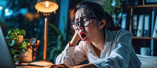 Sleepy asian business woman yawning at her office desk lack of sleep tired of overworked exhausted and restless. Copy space image. Place for adding text - Powered by Adobe