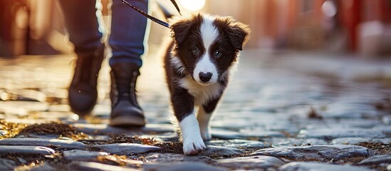 Young dog sits next to owner on leash in town Border collie puppy training in urban area. Copy space image. Place for adding text