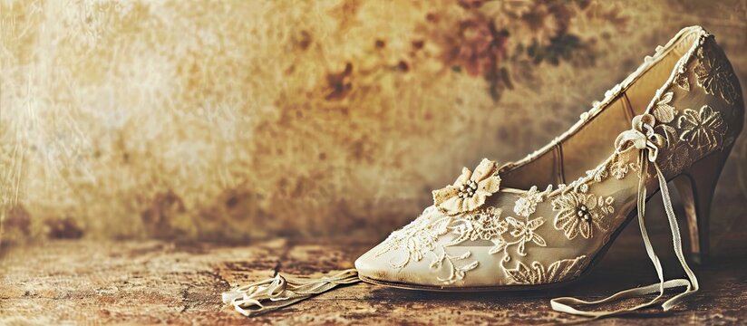 Vintage photo of wedding accessories lace shoe good luck charm. Copy space image. Place for adding text