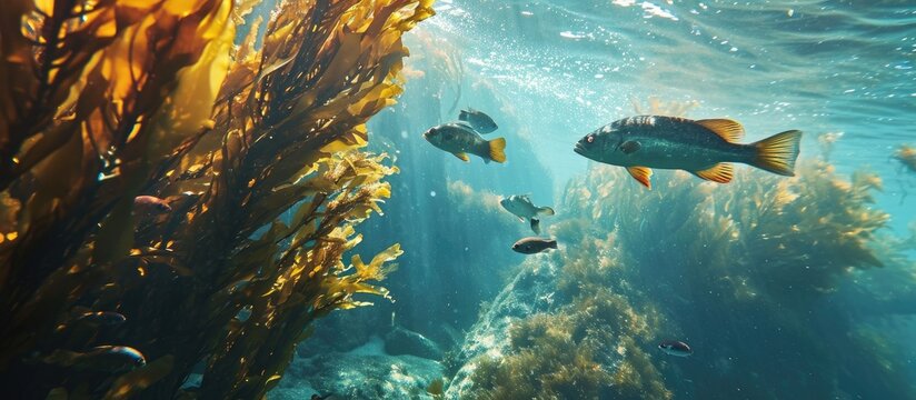 Red Roman Seabream in False Bay kelp forest. Copy space image. Place for adding text