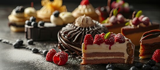 Set of assorted Desserts lot collection of 19 isolated delicate cakes and gastronomy yummy desserts on plates and dishes group of many cut out diverse baked goods for cafe or restaurant menu