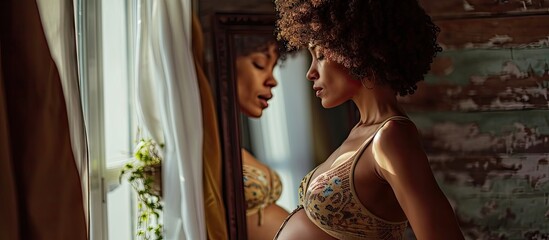 Pretty preggy girl with dark skin and curly hair standing in front of mirror examining her reflection touching her naked belly noticing changes of her body Happy conscious pregnancy. Copy space image - obrazy, fototapety, plakaty