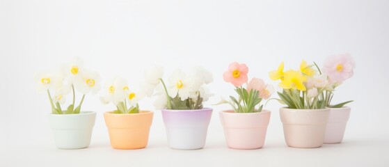 Small pots with flowers in a row on a pink background