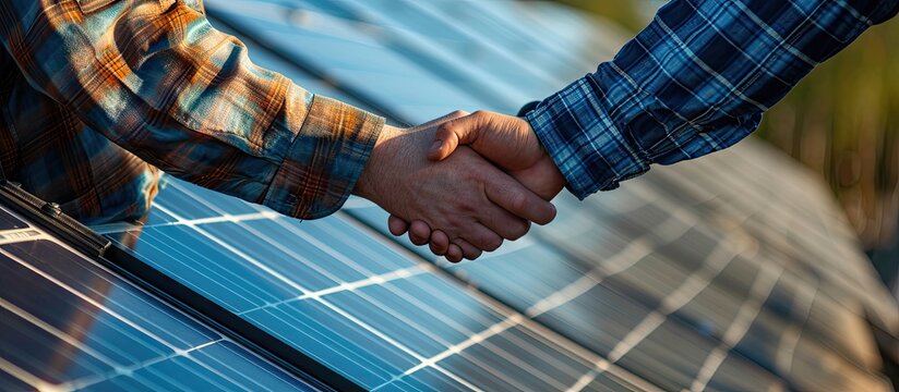 Smiling handyman photovoltaics panels installer shaking hand with family owner of house. Copy space image. Place for adding text