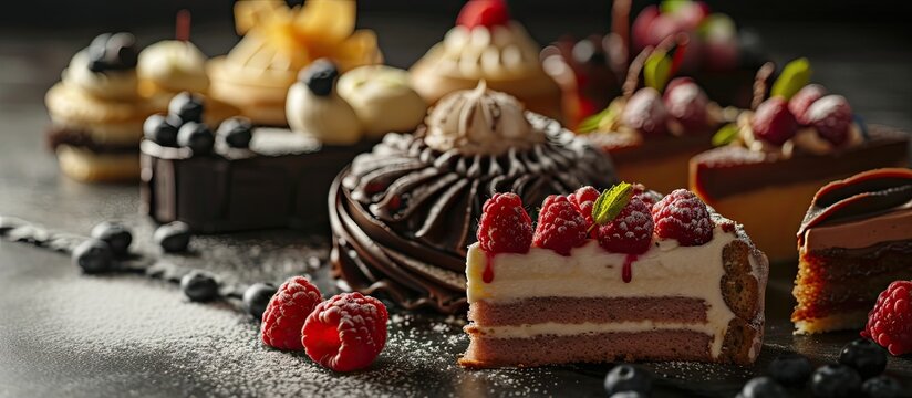 Set of assorted Desserts lot collection of 19 isolated delicate cakes and gastronomy yummy desserts on plates and dishes group of many cut out diverse baked goods for cafe or restaurant menu