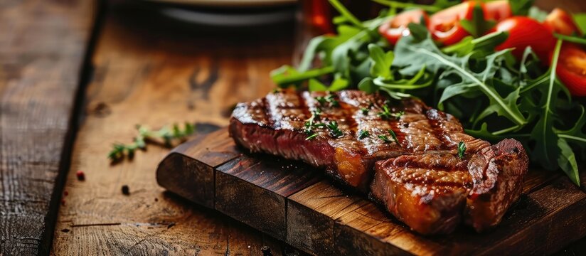 Sliced grilled beef barbecue Striploin steak and salad with tomatoes and arugula on cutting board close up. Copy space image. Place for adding text
