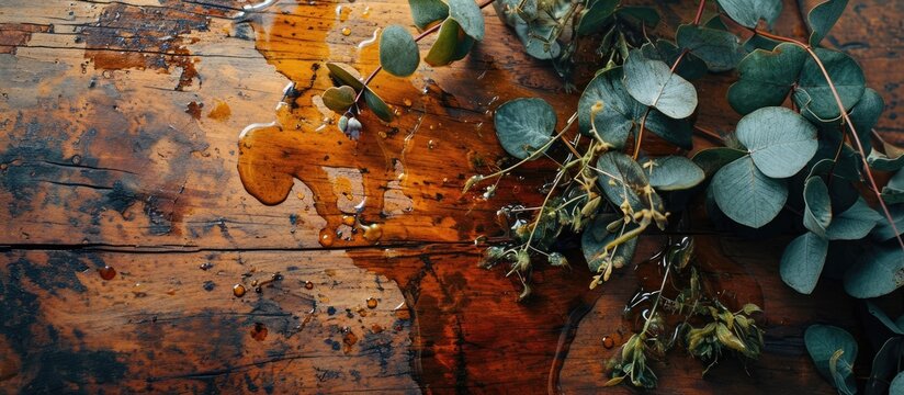 Wooden table with eucalyptus branch and oil stain or spot Twig of eucalipti with liquid blot or blob splash Top view on plant stem Flora and botany nature and organic theme. Copy space image