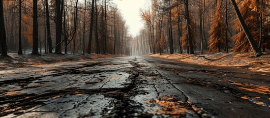 Road surrounded by burnt forest after wildfire Climate change natural disaster in summer. Copy space image. Place for adding text - obrazy, fototapety, plakaty