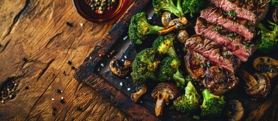 seared ribeye steak with broccoli and sauteed mushrooms. Copy space image. Place for adding text - obrazy, fototapety, plakaty