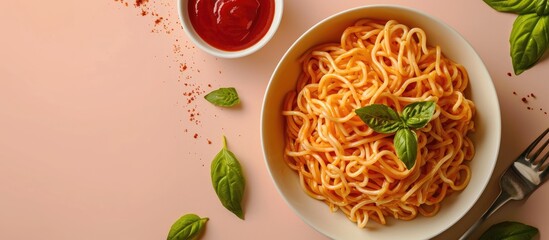 spicy soft egg noodles with tomato ketchup. Copy space image. Place for adding text
