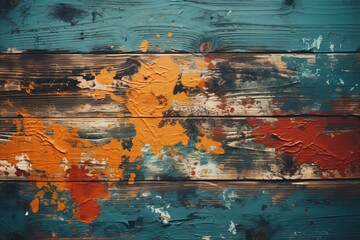 Obraz premium Weathered wooden door with vibrant peeling paint in close up illuminated by natural light