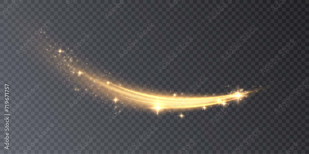 Poster Dynamic golden lines with a glow effect. Magic light effect. Abstract sparkling whirlpool, wave of light.