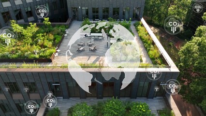 Net zero rooftop garden with earth globe and CO2 reduction icons. Aerial drone shot in USA city. 3D graphic