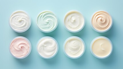 Variety of organic cosmetic creams for skin care in open jars on blue background. Top view. Concept of skincare variety, cosmetics assortment, and beauty product display.