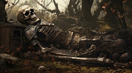 skeleton resting beside an ancient grave, Generative AI - obrazy, fototapety, plakaty