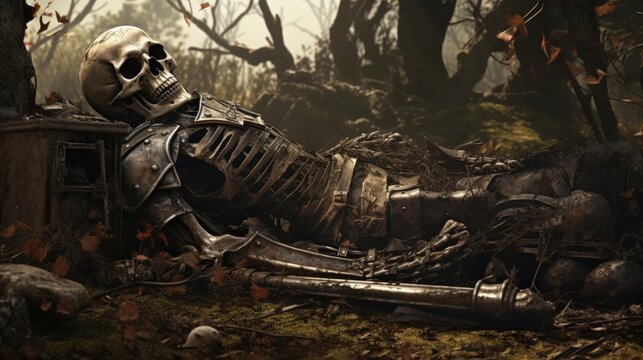skeleton resting beside an ancient grave, Generative AI