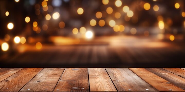 Empty space with old wooden table and bokeh background.