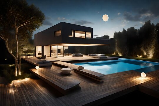 Nightfall at a duplex with swimming pool, where the pool's luminescent lighting creates a dreamy ambiance against the darkened duplex silhouett