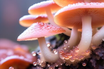Fungus Fungi White Orange with slimy bubbles on Tree bark Stomp, closeup macro shot wit bokah, bokeh, slime drops poison sticky substance alien surface calm, beautiful