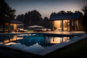 Nightfall at a farmhouse with swimming pool, where ambient lights around the property create a soft...