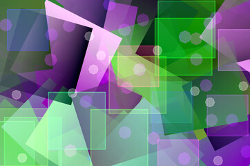 Geometryczna mozaika rozsypanych kwadratów dużych i małych w barwach zieleni, magenty i różu z delikatnym efektem bokeh. Abstrakcyjne tło, tekstura © ellaa44