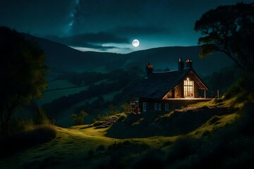 Nightfall over a cottage on top of a majestically beautiful hill, where the dwelling's lights cast a homely glow amidst the enveloping darkness of nature