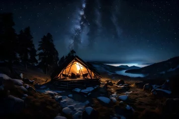 Foto op Canvas Night's calm descending on a hut on top of a majestically beautiful hill, with twinkling stars overhead and the glow from a campfire nearby. © Sajida