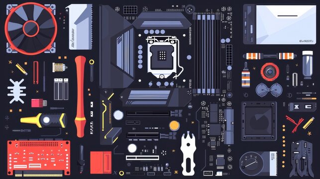 Motherboard, hard drive, cpu, fan, graphic card, memory, screwdriver and case. Set of personal computer hardware. PC components icons. Vector illustration in flat style