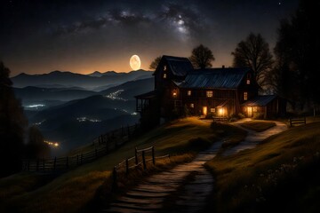 Nighttime at a farmhouse on top of a majestically beautiful hill, where the soft glow of lanterns lights up pathways and barns, and stars twinkle above.