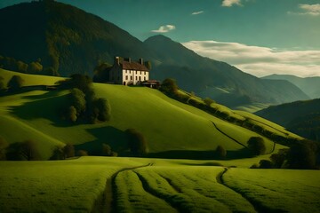 Panoramic splendor of a farmhouse on top of a majestically beautiful hill, with distant mountains, lush meadows, and vast farmlands enriching the visual tapestry.