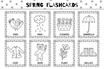 Spring flashcards black and white collection for kids. Flash cards set with cute characters in outline for coloring. Learning to read activity for children. Vector illustration