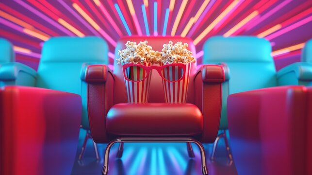 Movie online. Watching movie in comfortable conditions. Cinema chair, popcorn, anaglyph glasses. Concept with 3D illustration. Snacks and entertainment. Color banner on background with rays