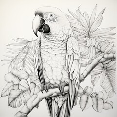 Coloring book for children depicting awhite amazonian macaw