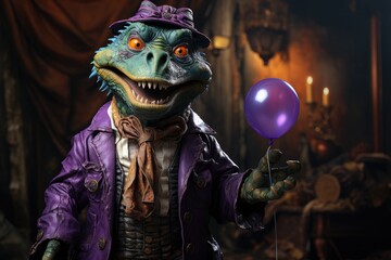 A whimsical cartoon dinosaur donning a purple mask and stylish clothing holds a balloon, exuding a...