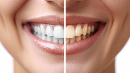 Close up dental whitening transformation  before and after, radiant smile evolution