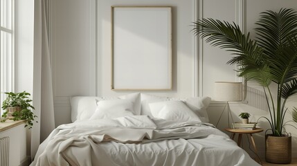 modern boho bedroom with a mock-up blank poster frame with copy space