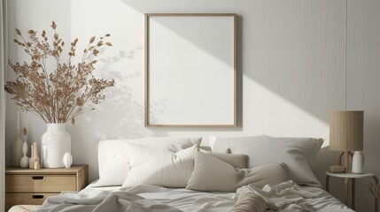 modern boho bedroom with a mock-up blank poster frame with copy space