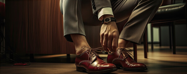 Man tying shoe laces on new leather shoes. - obrazy, fototapety, plakaty