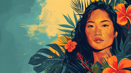 Banner for Asian American and Pacific Islander Heritage month. Beautiful horizontal banner with portrait of the AAPI woman, flowers
