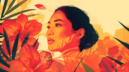 Banner for Asian American and Pacific Islander Heritage month. Beautiful horizontal banner with portrait of the AAPI woman, flowers