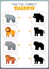 Shadow matching game template with cute wild animals