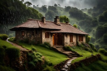 Rain showers enhancing the lush beauty around a cottage on top of a majestically beautiful hill, with droplets creating rhythmic patterns on its roof and windows