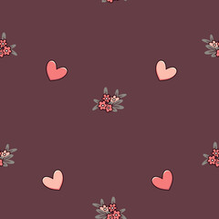 Bezszwowe tło w różowe i czerwone serduszka i kwiaty. Wzór na ciemnym tle. Ilustracja wektorowa.
