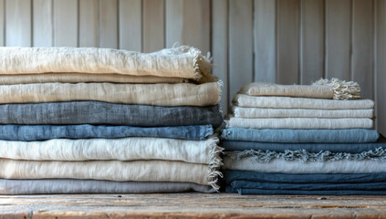 stacks of various coloured linens set on top of a table top, in the style of light gray and navy