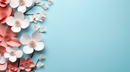 Fototapeta na wymiar paper flowers on blue background with copy space