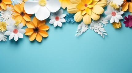 Fototapeta na wymiar paper flowers on turquoise blue background with copy space