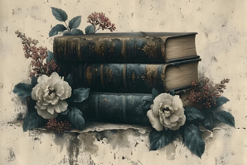 Ecos de sabiduría: libros antiguos adornados con flores en un lienzo de historia y conocimiento. - obrazy, fototapety, plakaty
