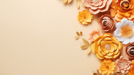 paper flowers on yellow pastel background with copy space