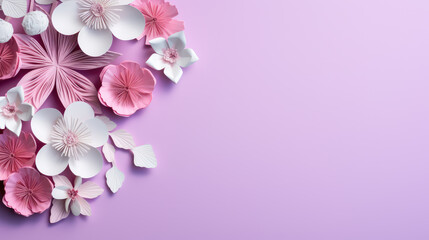 Fototapeta na wymiar paper flowers on purple background with copy space